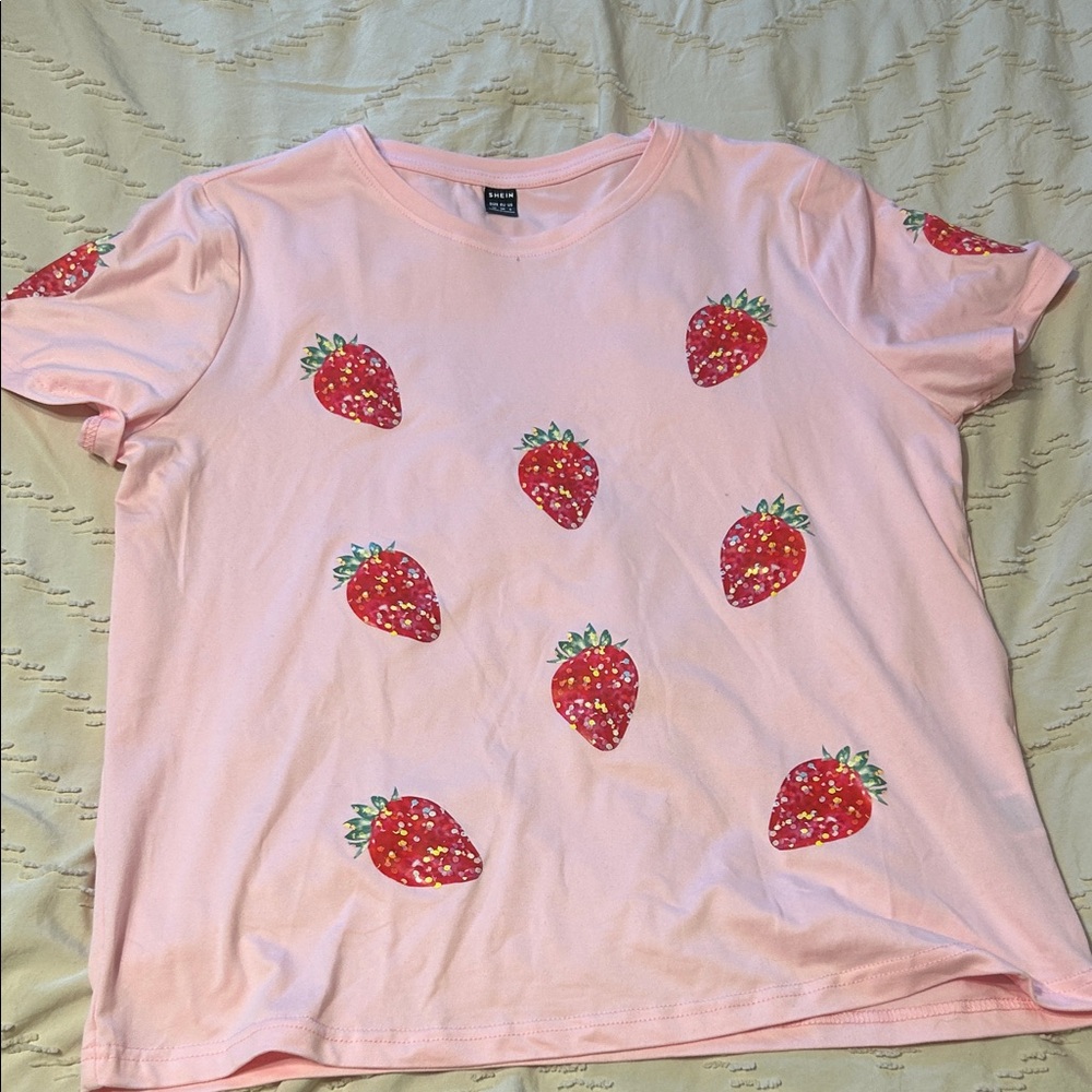 NEW Strawberry Print T Shirt Light Pink Short Sleeve